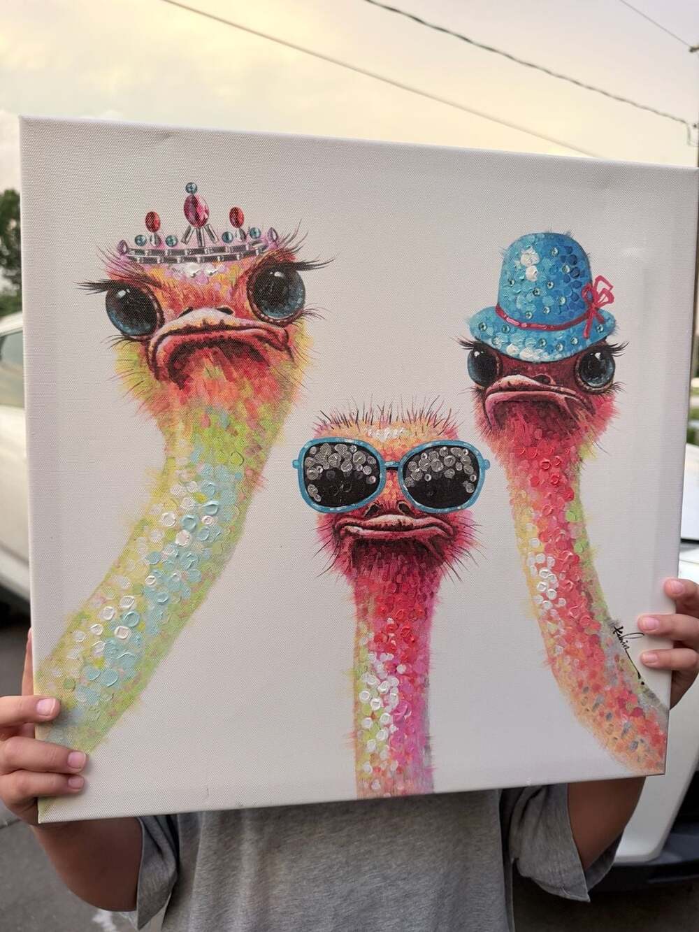 Faicai Art Hand Painted 3 Ostriches Funny Canvas Wall Art Decor